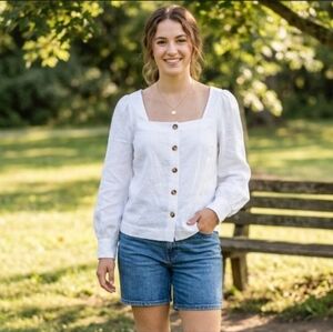 NEW SAKS FIFTH AVENUE Exclusivity Linen Blend Blouse Shirt Squareneck sz S White